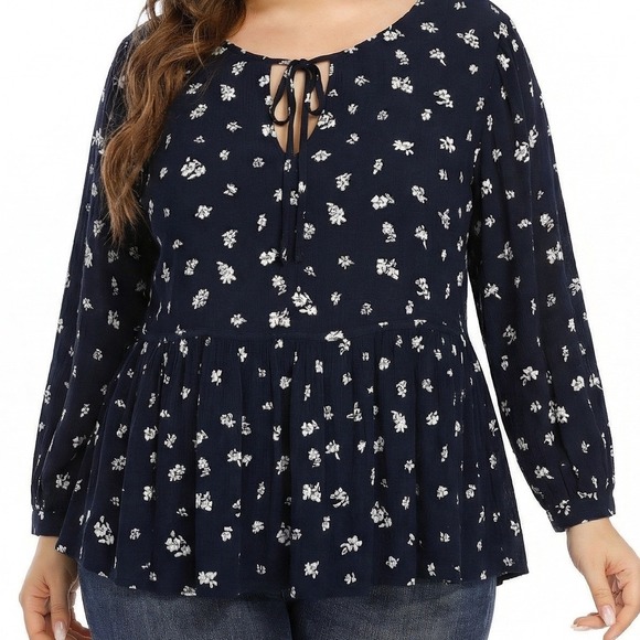 SO Tops - SO Floral Babydoll Blouse Womens XL Black‎ White Excellent Peplum Rayon Tie Neck